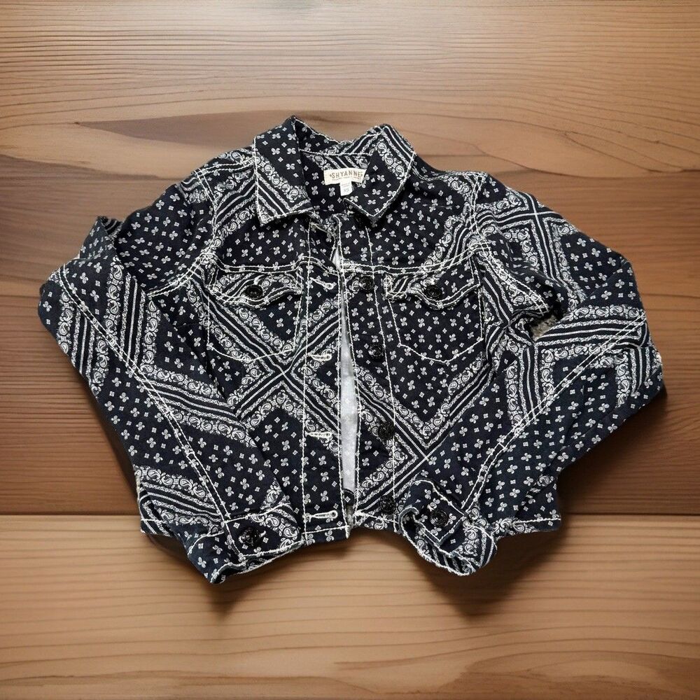 Shyanne Black/White Bandanna Patchwork Crop Western Denim Jacket Sz XS (Stretch)